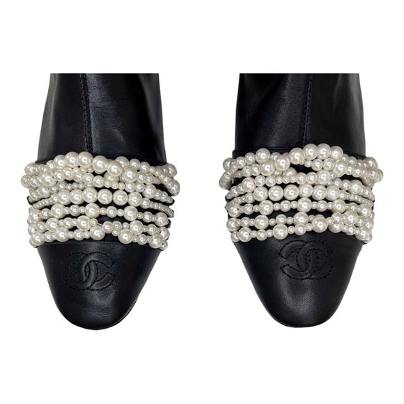 Chanel Cap Toe High Leather Boots with Pearls - Picture 6 of 13